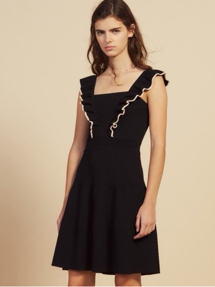 Sandro Paris Tristan Ruffle Knit Dress Black Cream Contrast Trim Size 38 Us 6